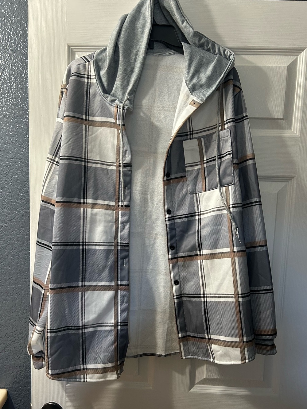 SHEIN Gray Plaid Lightweight Hooded Shirt Jacket